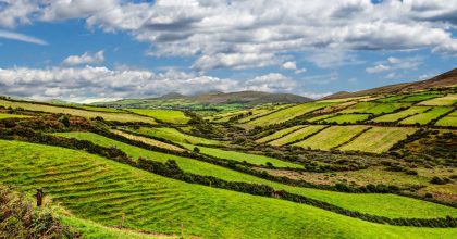 WpkhBMmQ Rolling green hills and fields along the Slea Head drive tour from Dingle under cloudy skies.